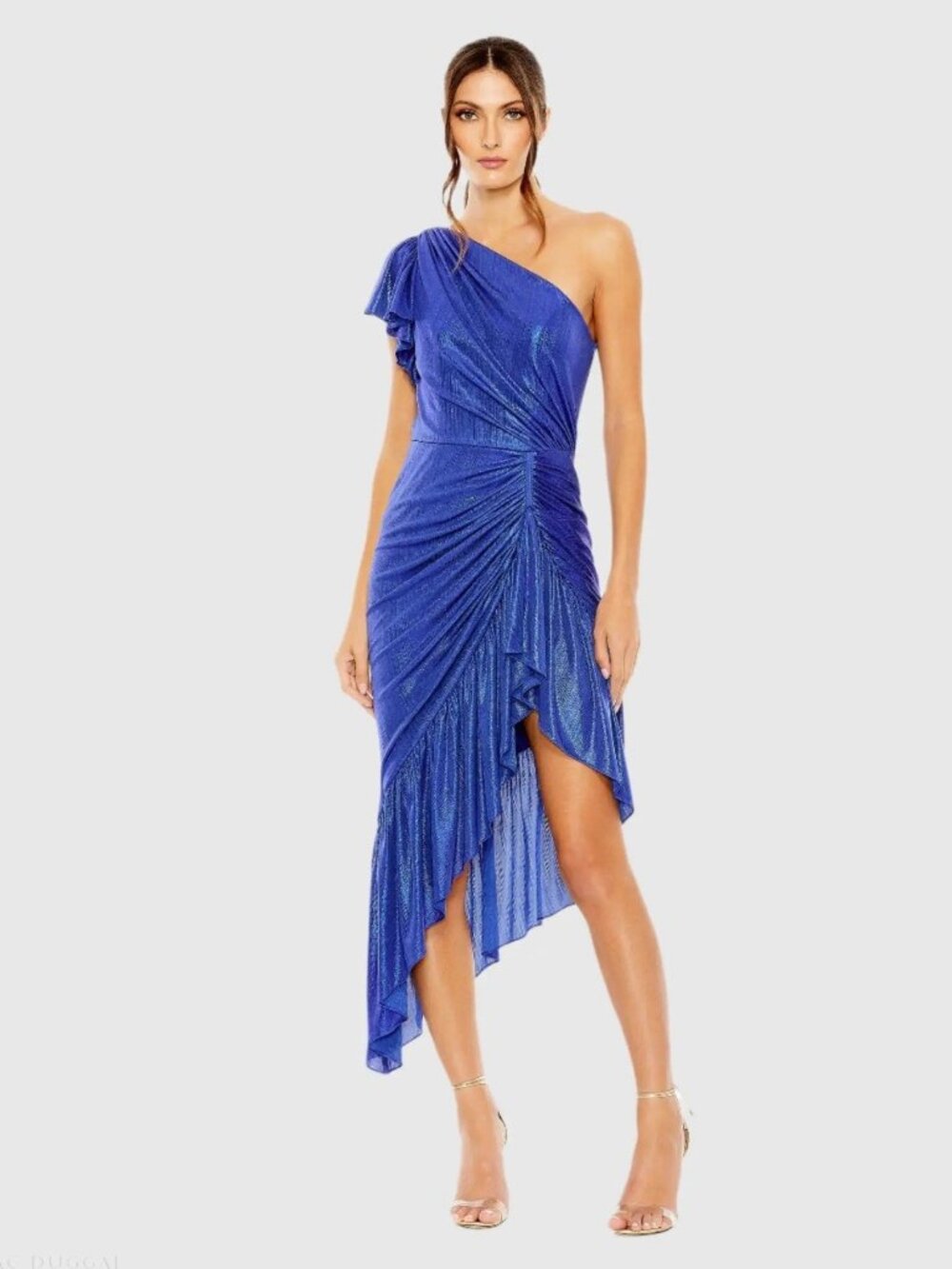 Mac duggal Size Large Blue 27075 Metallic One Shoulder Flutter Sleeve Dress NWT